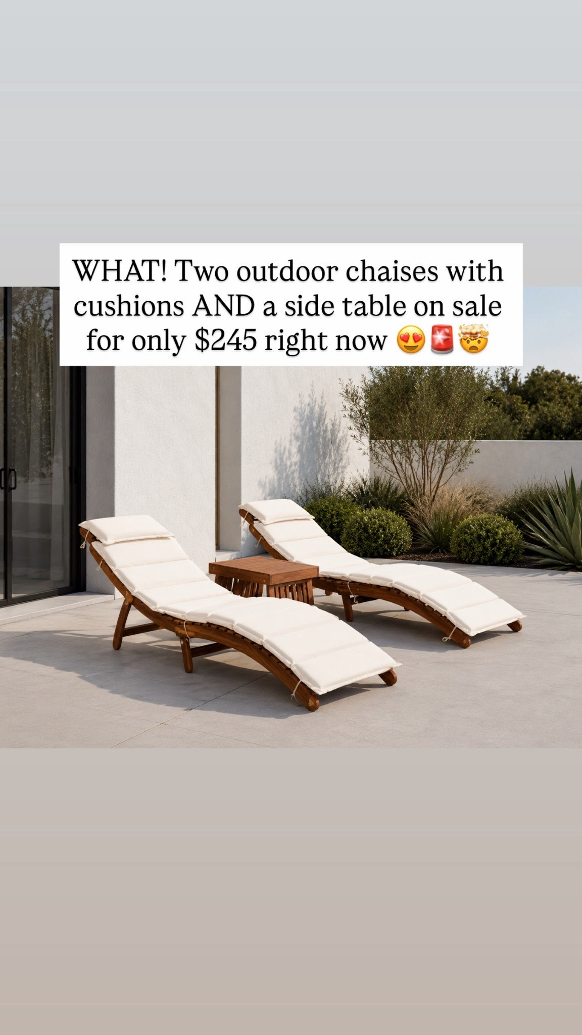 WHAT! Two outdoor chaises with cushions AND a side table on sale for only $245 right now 😍🚨🤯

#LTKSeasonal