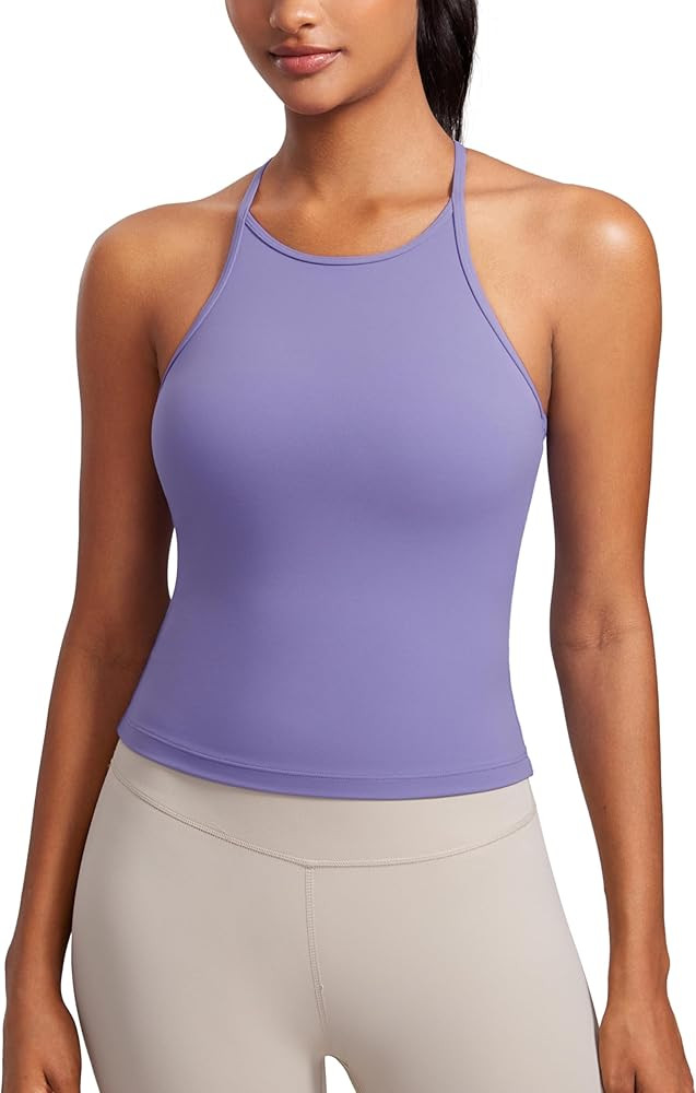 CRZ YOGA Butterluxe Womens Y Back Workout Crop Tank Top with Built in Bra - Padded Halter High Ne... | Amazon (US)