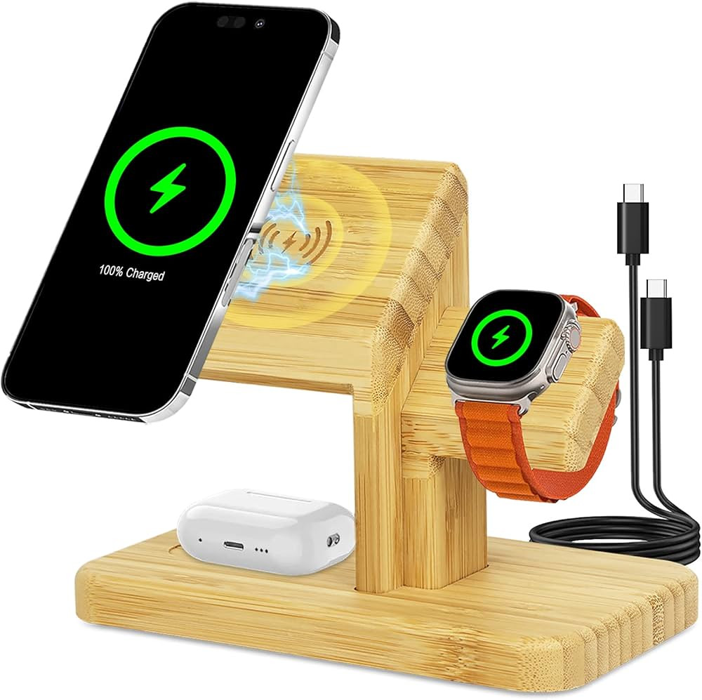 Wireless Charging Station for Apple, 3 in 1 Wireless Charger Stand, 20W Fast Magnetic Bamboo Char... | Amazon (US)