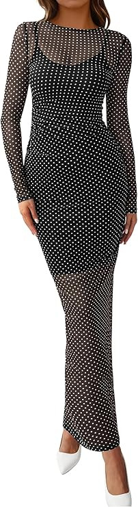 BTFBM Spring Dresses for Women 2026 2 Piece Set Long Sleeve Polka Dot Sexy Bodycon Mesh Dress and... | Amazon (US)