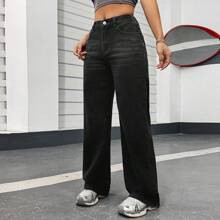 HighWaisted Loose Fit Casual Black Denim Wide Leg Pants | SHEIN