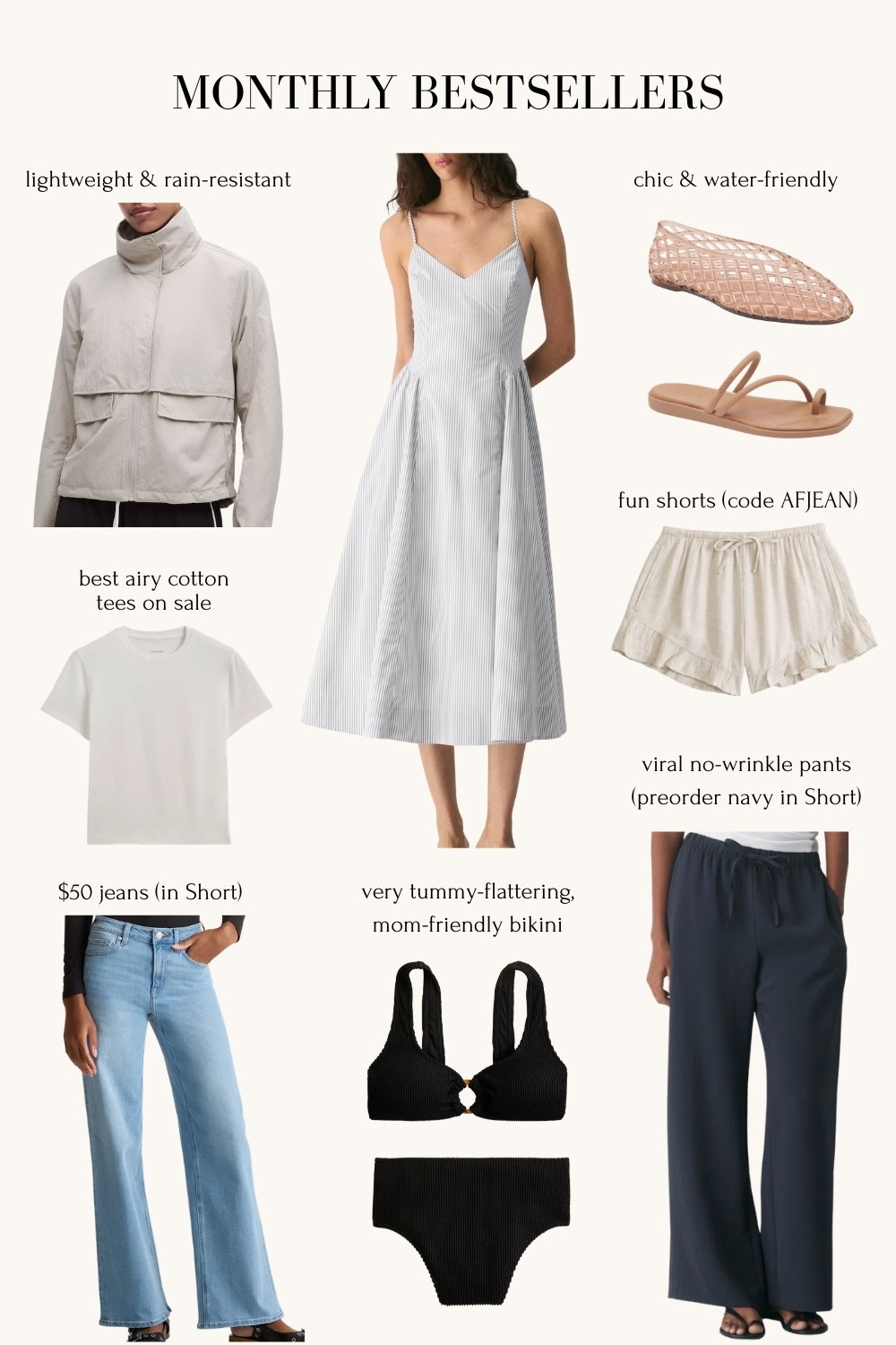 Size info below! 
• lulu Classic-Fit Jacket size 2 (I'm usually XXS, and size up in lulu)
• Everlane lightweight tees this is smaller and shorter, I usually size up to XS. Also have some in Small for looser fit
• Aritzia technique dress comes in cotton or linen, im a size 00 for a snug fit.
• ruffle linen shorts xxs use code AFJEAN
• Dolce Vita flats in Mocha size 5, size down if you’re a half size
• crocs sandals 5, size down if a half size
• J.Crew siwmsuit TTS, I can do xxs top (or xs top for more coverage), xxs bottoms
• Quince bella jeans 24 Short has a 28" inseam
• No wrinkle drape lodge pants 2XS short - runs long for petite. If you’re very short you are better off getting any length and hemming them. Also linked linen version.

Petite friendly, mom favorites, comfy flats

#LTKmomlife #LTKActive #LTKPetite