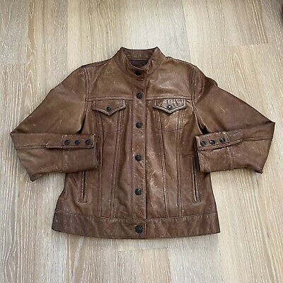 Vintage GAP  Genuine Brown Leather Trucker Moto Jacket Women’s Size Medium  | eBay | eBay US
