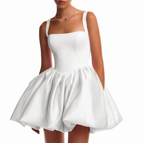 SoDigne Flower Bud Ruffled Homecoming Dresses for Teens Satin Mini White Bubble Prom Gown 2025 Short A Line Plus Size Summer Cocktail Party Dress US20 | Amazon (US)