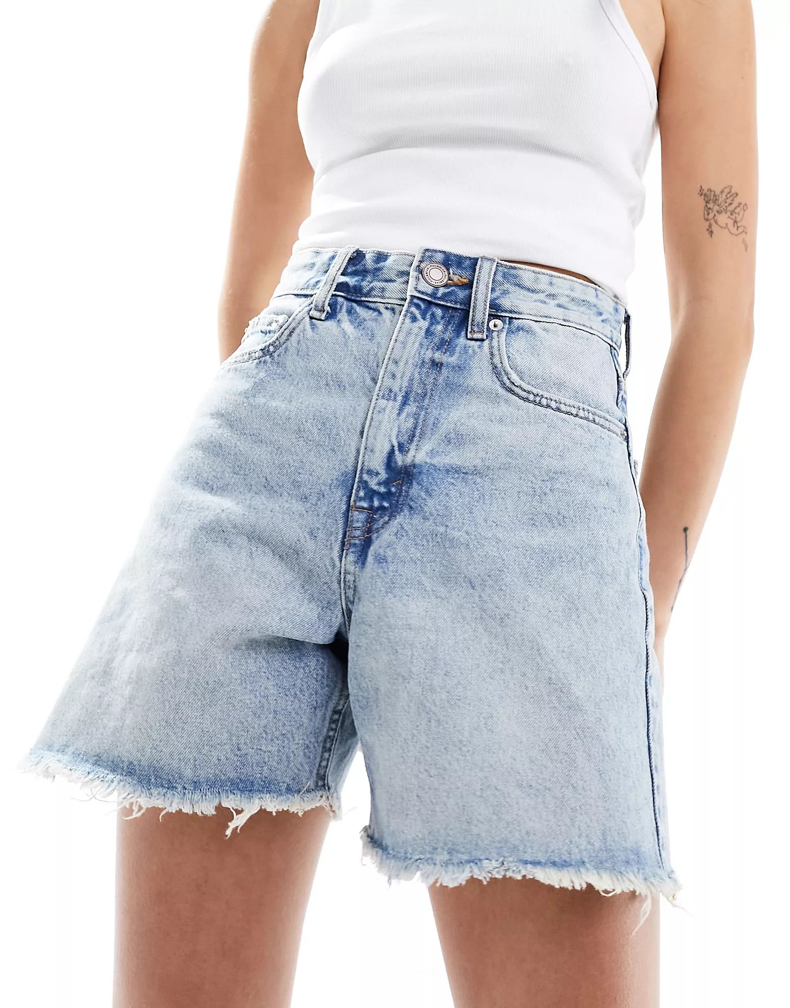 Pull&Bear high waisted raw hem longline denim shorts in light blue | ASOS (Global)