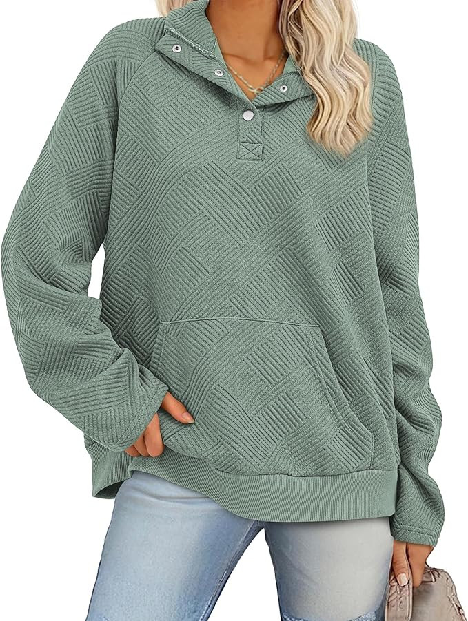 KIRUNDO Womens Sweatshirt Casual Textured Long Sleeve Henley Button V Neck Loose Pullover 2024 Tr... | Amazon (US)