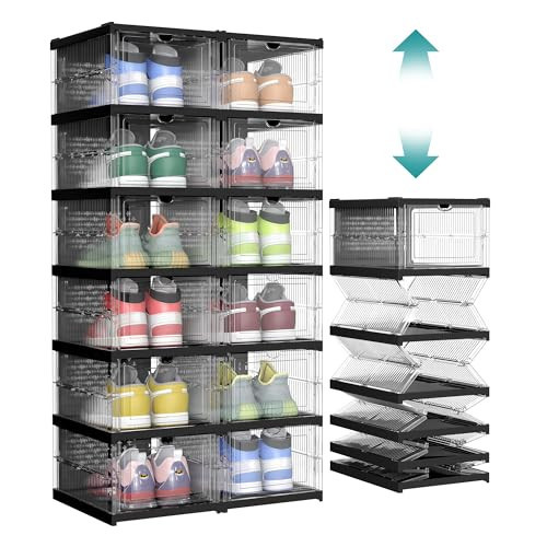 SONGMICS Foldable Shoe Boxes, Pack of 12 Stackable Shoe Storage Organizer, Set of 2 Integraed Shoe Cabinets, Portable, Fit up to US Size 13, 60s Assembly, Transparent and Ink Black ULSP206B01 | Amazon (US)