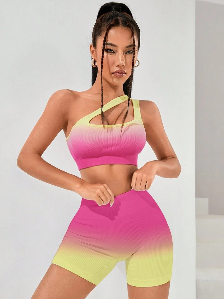 Yoga Party Ombre One Shoulder Cut Out Sports Set | SHEIN