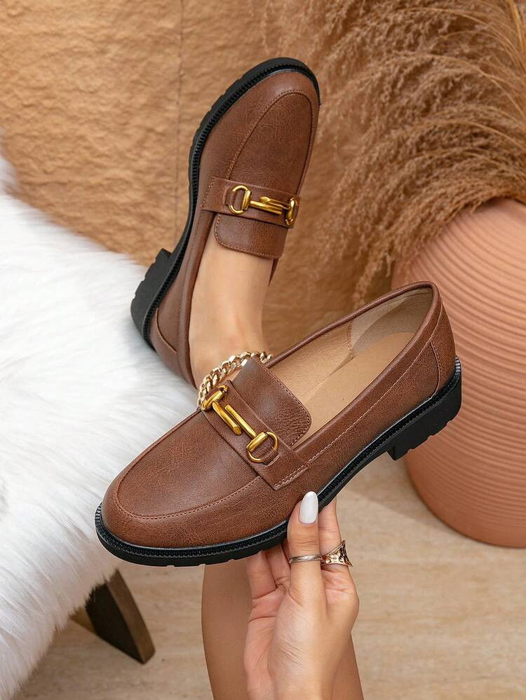 Women's Elegant Brown PU Flat Round Toe Loafers With Metal Buckle, Solid Color Preppy Style For Office | SHEIN