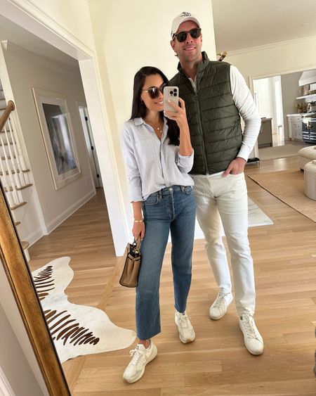 Kat Jamieson wears an old Treasure and Bond button down shirt (similar below), jeans and sneakers. Denim, blue jean, sneaker outfit, casual outfit, spring outfit, Fendi Peekaboo purse. Thomas Jamieson wears a Barbour vest, jeans and a Henley. Men’s style, men’s outfit. 

#LTKmens #LTKshoecrush #LTKitbag