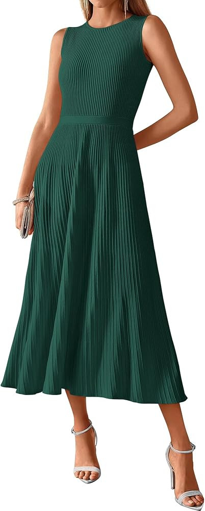 BTFBM Women Tank Midi Dress Summer Crewneck Sleeveless Pleated A Line Business Casual Formal Swea... | Amazon (US)