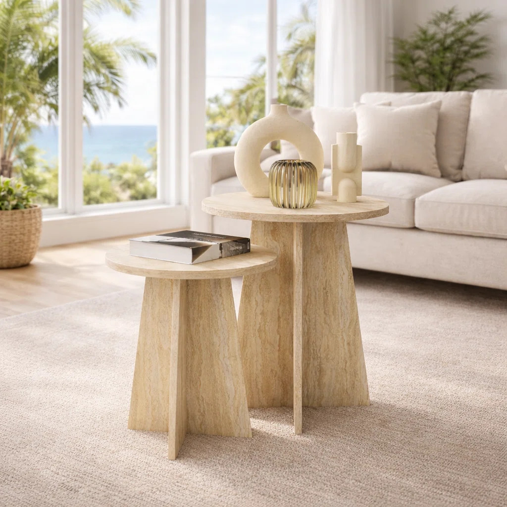 Round Faux Travertine Nesting Side Tables, Set of 2 \u2013 Modern Stone-Look Accent Tables & Coff... | Wayfair North America