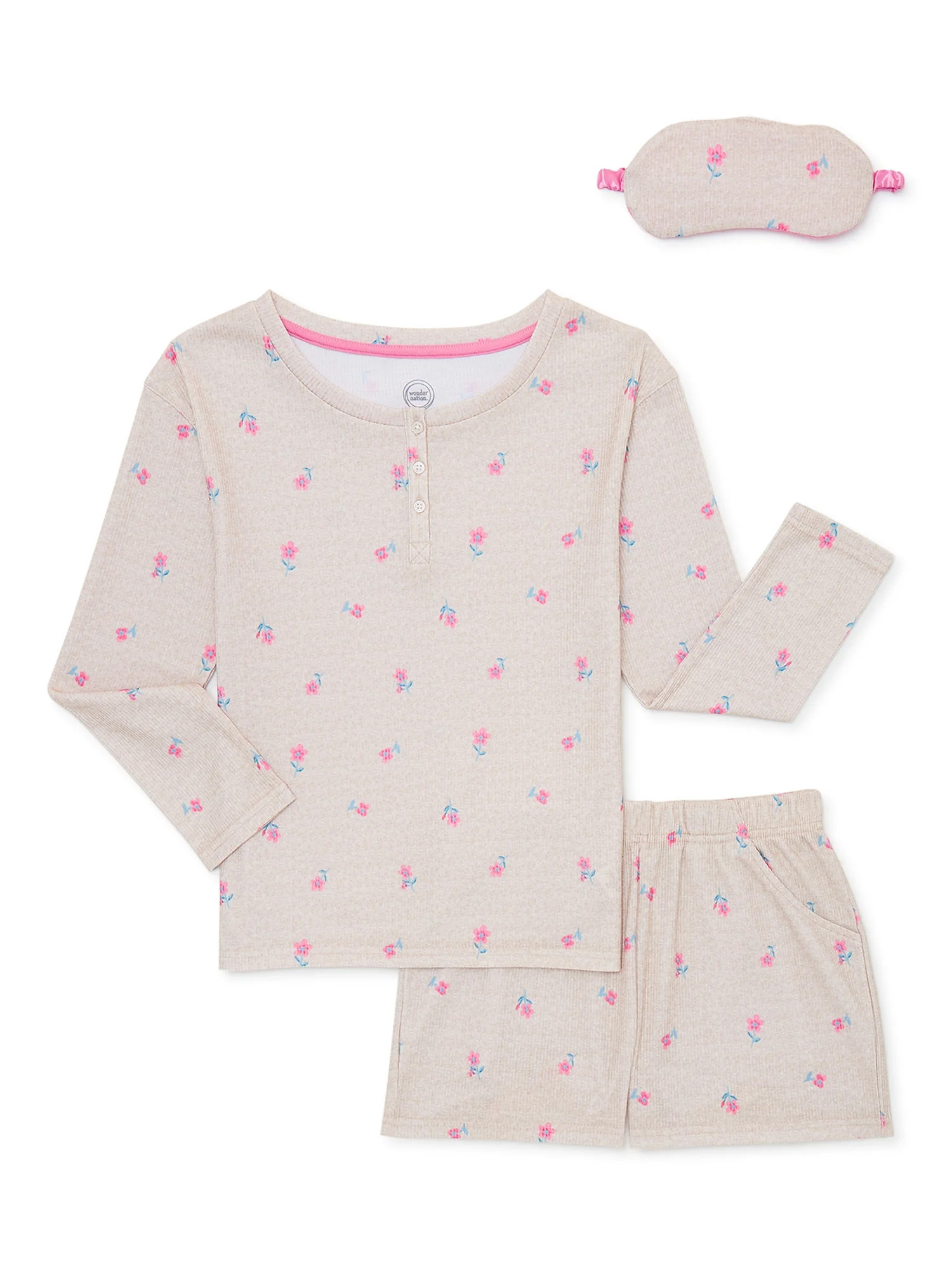 Wonder Nation Girls Top and Shorts Pajama Set with Eye Mask, 3-Piece, Sizes 4-18 & Plus | Walmart (US)