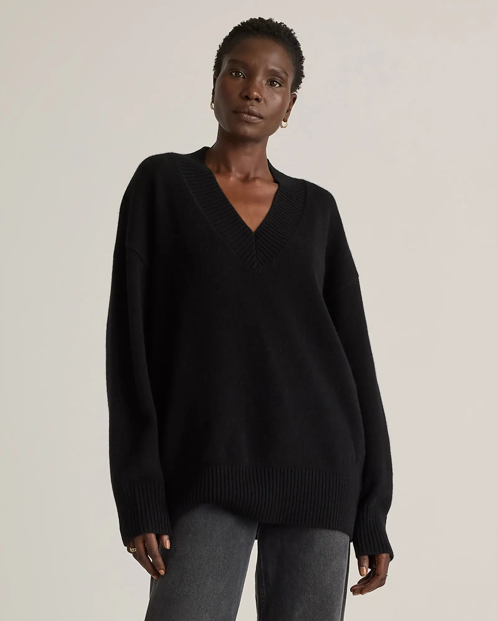 Mongolian Cashmere Oversized V-Neck Sweater	 in Black | Quince