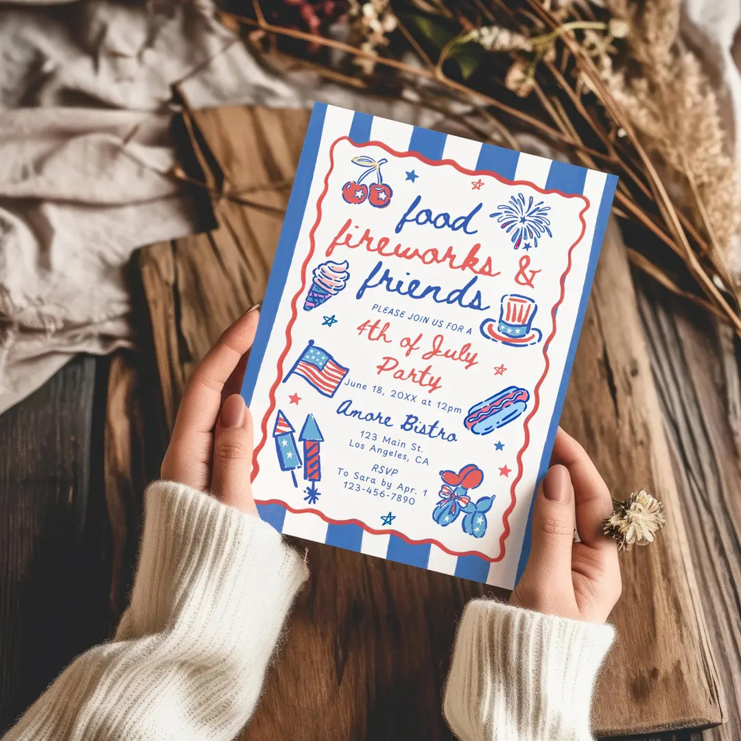 4th of July BBQ Party Invitation Template, Fourth of July Barbeque Invite, Drawn Red White Blue I... | Etsy (Global)