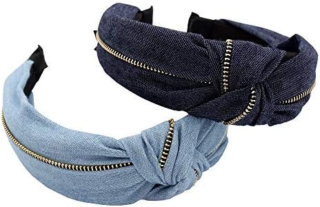 Vinobowtique 2Piece Women Jeans Zipper Headbands With Twist Knot Wide Turban Headwraps Hair Band Bow | Amazon (US)