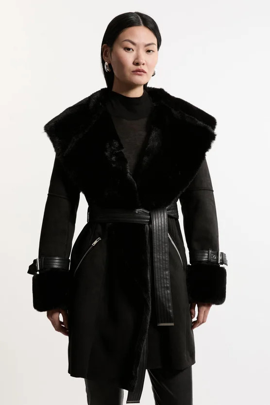 Faux Shearling Collar & Cuff Belted Short Coat | Karen Millen US