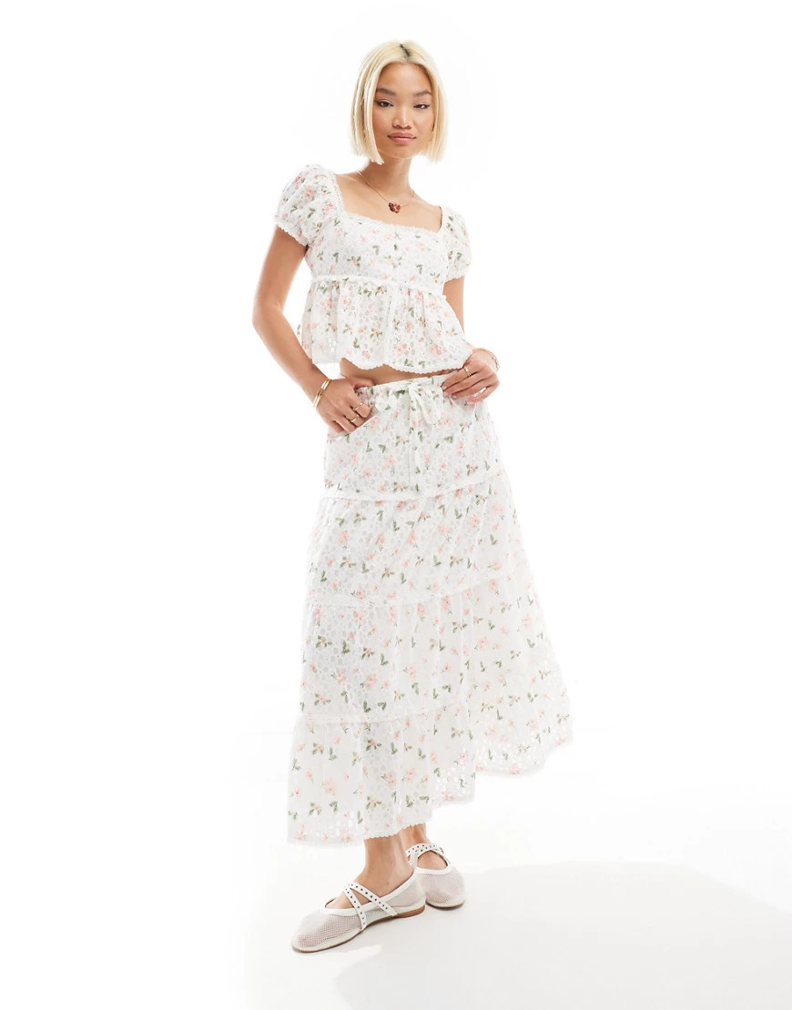 Labelrail x Olivia Grace Herring ditsy floral tiered maxi skirt in white | ASOS (Global)