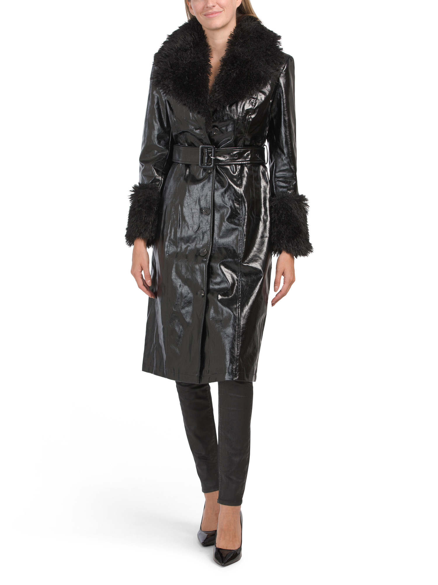 Faux Leather Faux Fur Trimmed Trench Coat | TJ Maxx