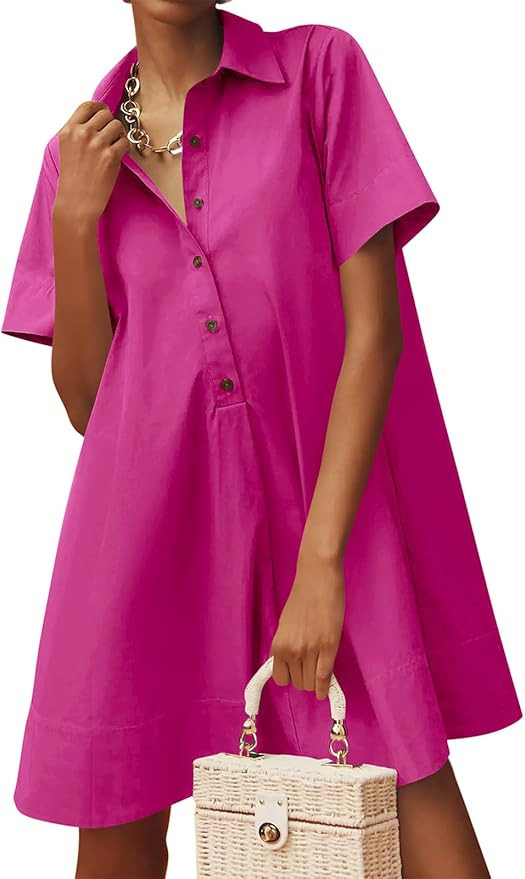 Wenrine Womens Button Down Shirt Dress Oversized Casual Short Sleeve Collared V Neck Summer Mini ... | Amazon (US)