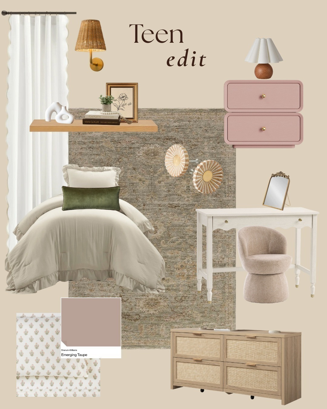 A chic boho bedroom designed with a neutral palette accented by dark green and soft pink details. Layered textures and warm materials create a cozy, stylish space that feels both elevated and perfectly suited for a teen girl. 

 #LTKHome