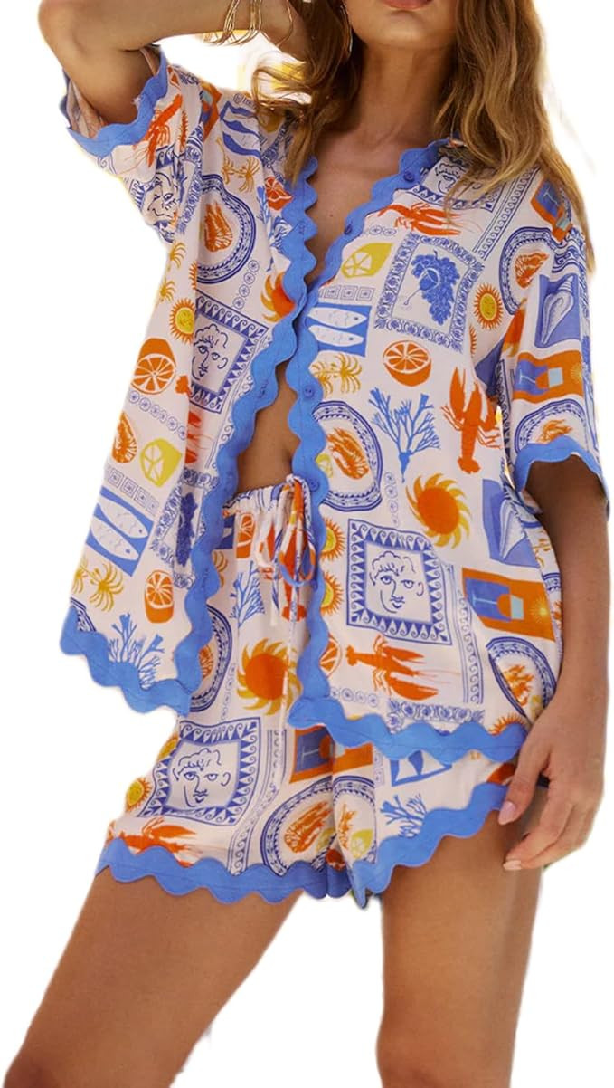 SOLILOQUY Women 2 Piece Boho Outfits Short Sleeve Button Down Shirt+Pajamas Shorts Set Y2k Summer... | Amazon (US)