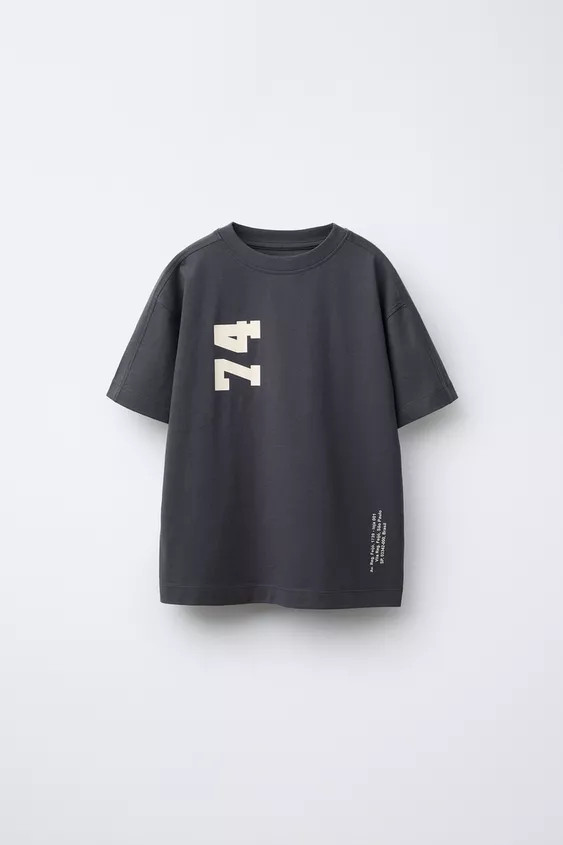 Round neck T-shirt with short sleeves. Front print and label appliqué at back. | Zara US