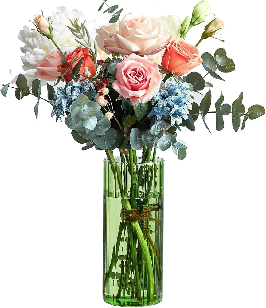 ComSaf Glass Cylinder Vases, Bud Vase for Centerpieces, 8 Inch Tall Ribbed Vase Hurricane Floatin... | Amazon (US)