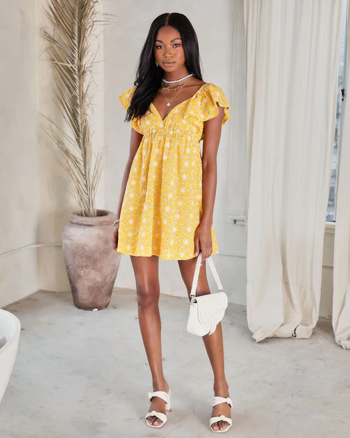 Lucy Floral Eyelet Mini Dress - Yellow | VICI