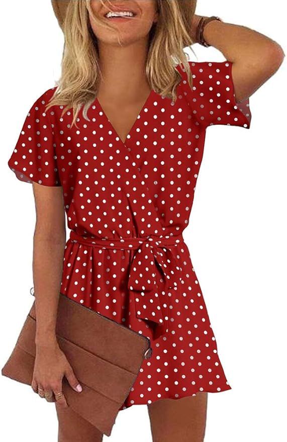 REORIA Womens Summer V Neck Ruffles Short Sleeve Belted Wrap Short Jumpsuit Rompers | Amazon (US)