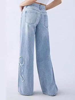 CORIRESHA Women's Straight Leg Frayed Edge Bow-Tie Embroidery High Rise Loose Denim Jeans Blue at... | Amazon (US)