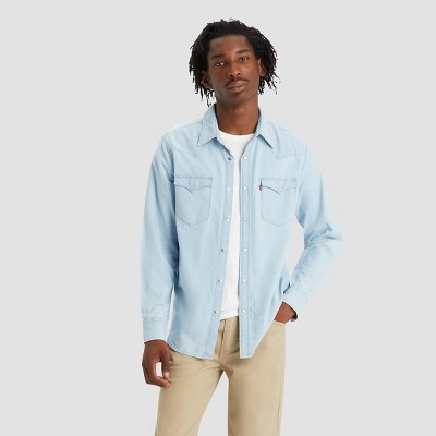 Levi's® Men's Long Sleeve Western Button-Down Shirt - Light Blue Denim M: 100% Cotton, Front Snap Closure, Flap Pocket | Target