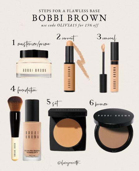 Steps for a flawless base with @bobbiebrown! Use my code Olivia15 for 15% off.

Complexion products, conceal, moisturize, prime, correct, foundation, set, bronze 

#LTKunder50 #LTKstyletip #LTKbeauty