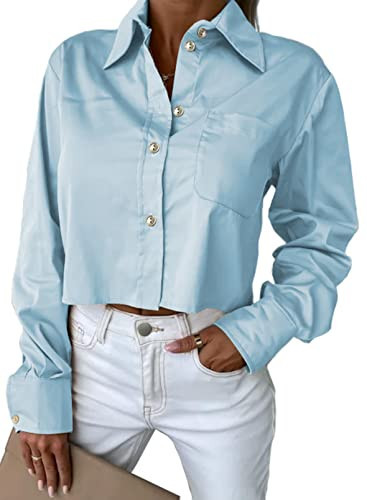 Astylish Women Casual Comfortable Button Down Collared Stylish Blouse Long Sleeve Shirt Jacket Elegant Crop Top Sky Blue XX-Large | Amazon (US)