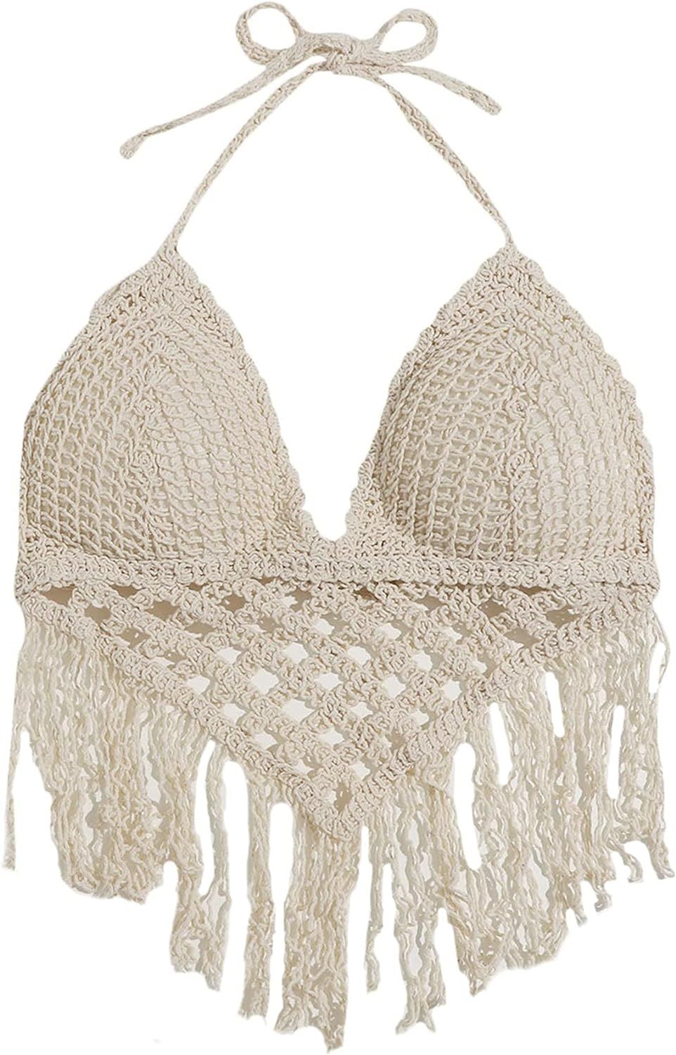 SweatyRocks Women's Summer Beach Backless Crochet Halter Bikini Crop Top | Amazon (US)