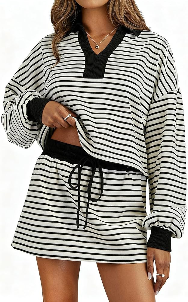 Women 2 Piece Outfits Striped Collared V Neck Long Sleeve Sweatshirt and Skort Matching Lounge Se... | Amazon (US)