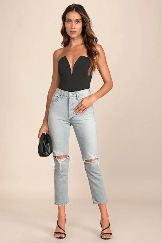 Babe Alert Black Notched Strapless Bodysuit | Lulus
