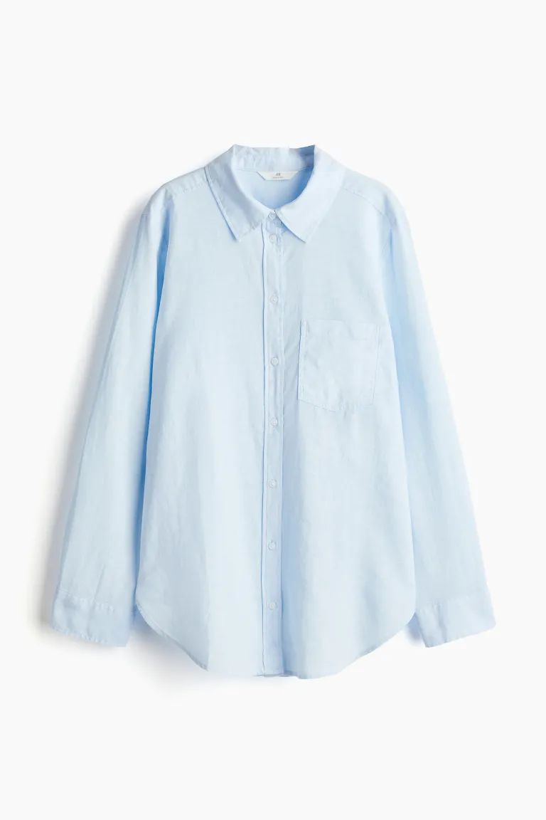 Linen-blend shirt - Long sleeve - Regular length - Light blue - Ladies | H&M GB | H&M (UK, MY, IN, SG, PH, TW, HK)