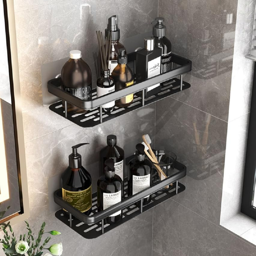Black Shower Caddy Shelf with Adhesive（2Pack）, Wall Mount Shower Organizer with Built-in Hooks, Rust | Amazon (US)