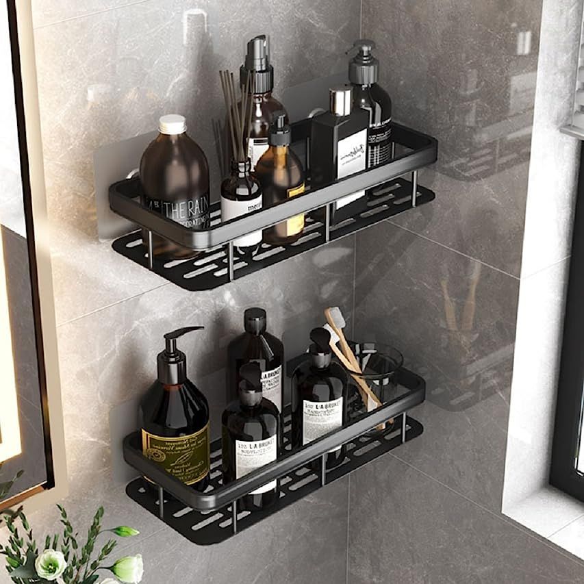 Black Shower Caddy Shelf with Adhesive（2Pack）, Wall Mount Shower Organizer with Built-in Hooks, Rust | Amazon (US)