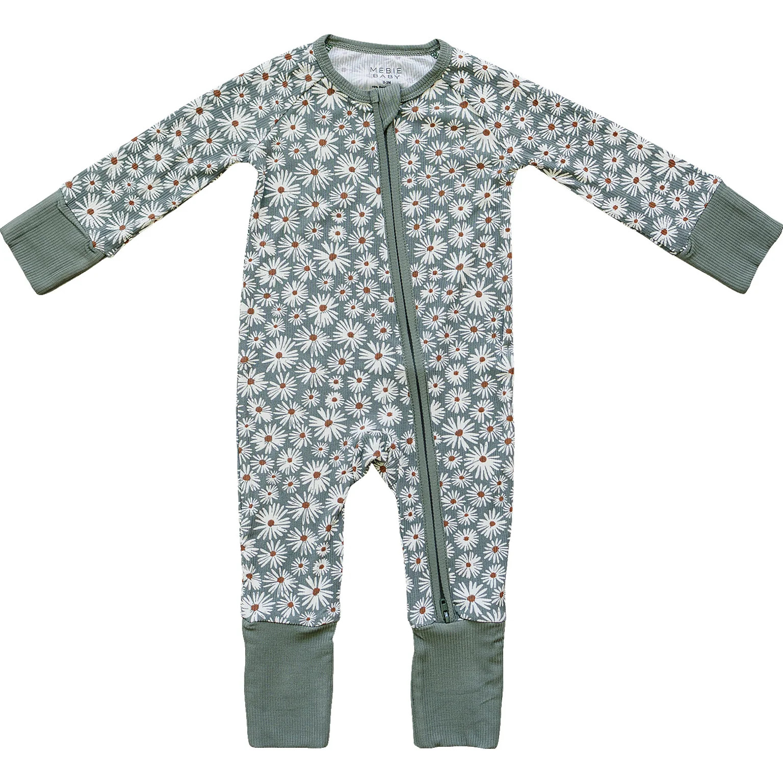 Dark Green Daisy Ribbed Bamboo Zipper | Mebie Baby