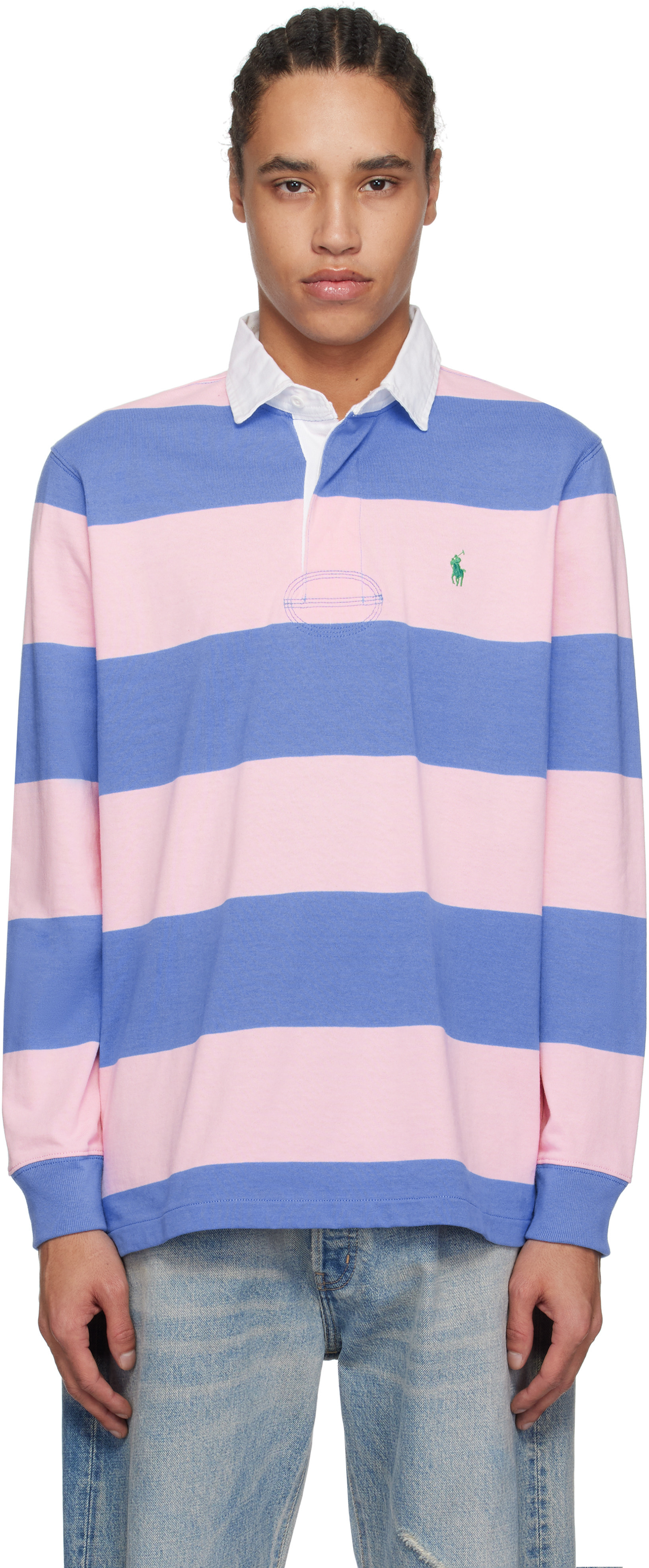 Polo Ralph Lauren Pink & Blue 'The Iconic Rugby' Polo | SSENSE