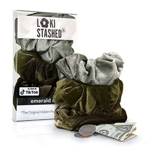 LokiStashed 3-PACK Velvet Hair Tie Scrunchies for VSCO Girls & Women, THE ORIGINAL HIDDEN POCKET SCRUNCHIE with Zipper Pocket Storage, Accessories, Small Items, Keys, Money - Emerald Set | Amazon (US)