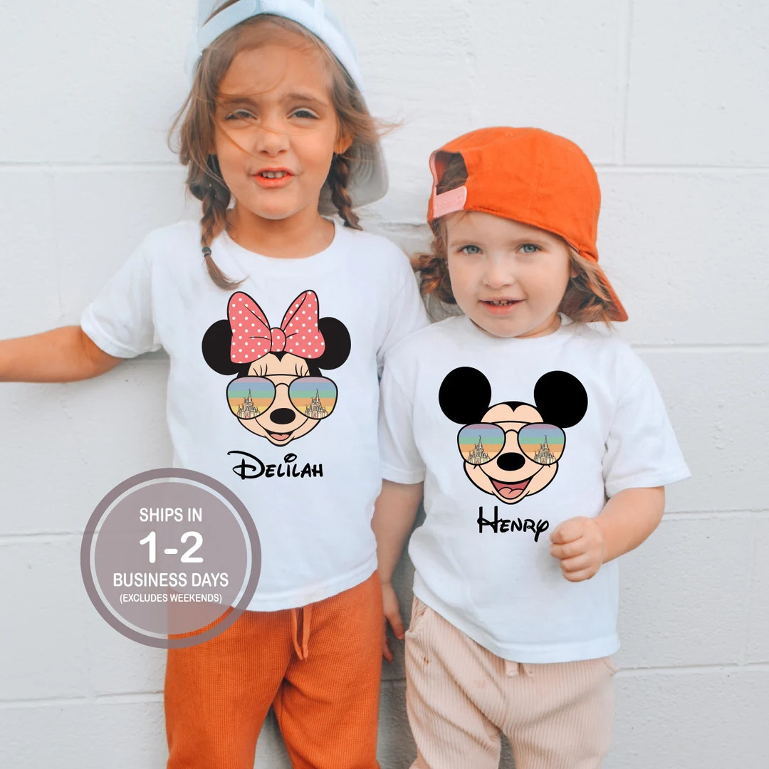 Disney World Mickey Minnie Sunglasses Castle Personalized Kids Disney Shirt, Minnie Bow Name Shir... | Etsy (US)