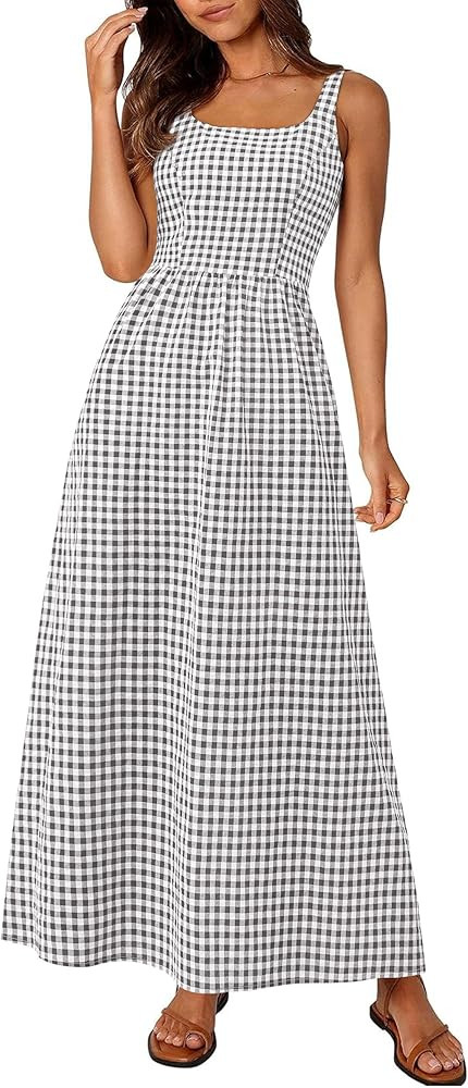 PRETTYGARDEN Women's 2026 Summer Spaghetti Strap Maxi Dresses Plaid Square Neck A Line Casual Bea... | Amazon (US)
