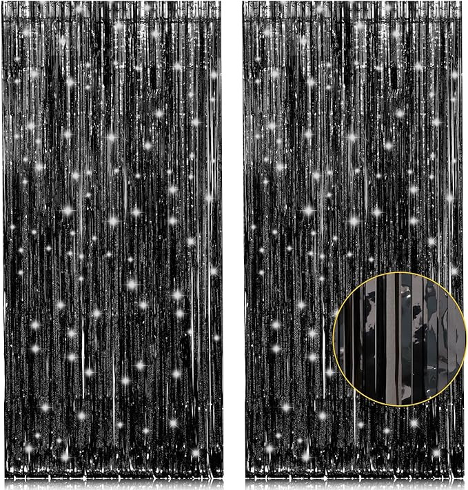 2 Pack 3.2ft x 8.2ft Black Tinsel Foil Fringe Curtains, Metallic Foil Tinsel Photo Booth Backdrop... | Amazon (US)