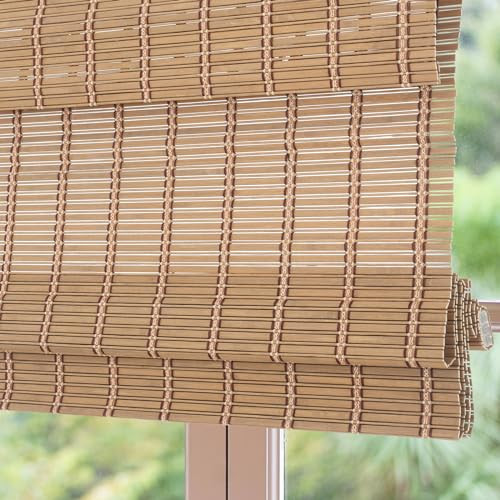 Sunbox Cordless Bamboo Roman Shade Blind, Woven Wood Roman Shades, Light Filtering Natural Bamboo Shades for Windows, French Doors, 30.5" W x 64" H, Caramel Brown | Amazon (US)