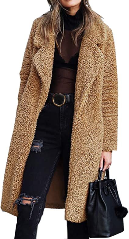 Angashion Women's Fuzzy Fleece Lapel Open Front Long Cardigan Coat Faux Fur Warm Winter Outwear Jack | Amazon (US)