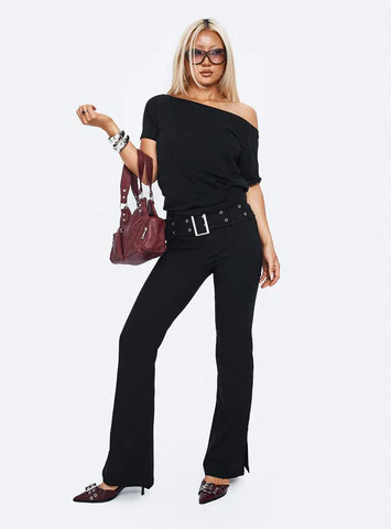 Kortnee Eyelet Detail Flare Leg Pants Black | Princess Polly US