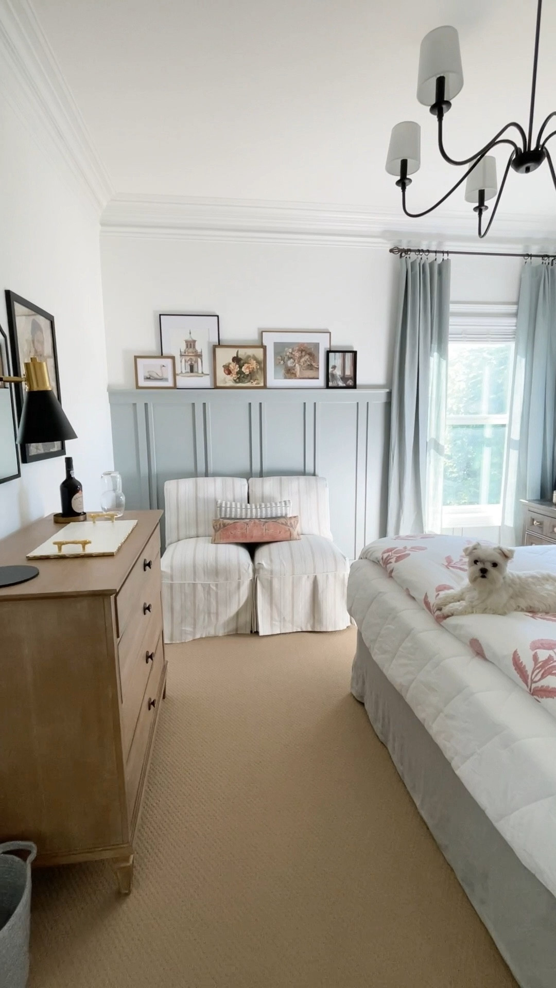 Cottagecore bedroom by Porch Daydreamer. Linen drapes in mineral blue. Affordable farmhouse black chandelier  

#LTKhome